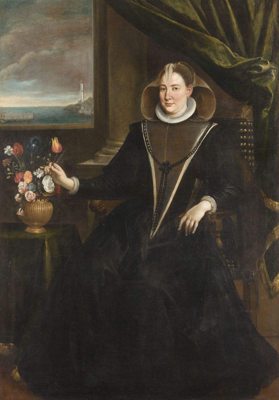 Portrait de Dame Noble avec vue sur Gênes - École génoise - XVIIe siècle.